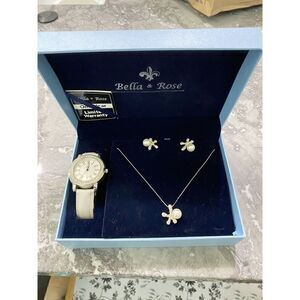 Bella & Rose Signature Watch, Necklace, Earrings Pearl Coral Rhinestone Silver